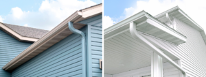 Two images side-by-side. The first displays a close up of a blue house with light tan trim and gutters. The second shows a close-up of a white house with all white trim and gutters.