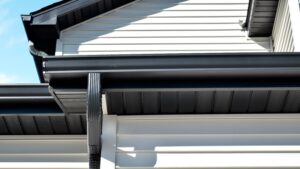 Close-up of black gutters, downspouts, soffit, and fascia on a two-story home with white siding.